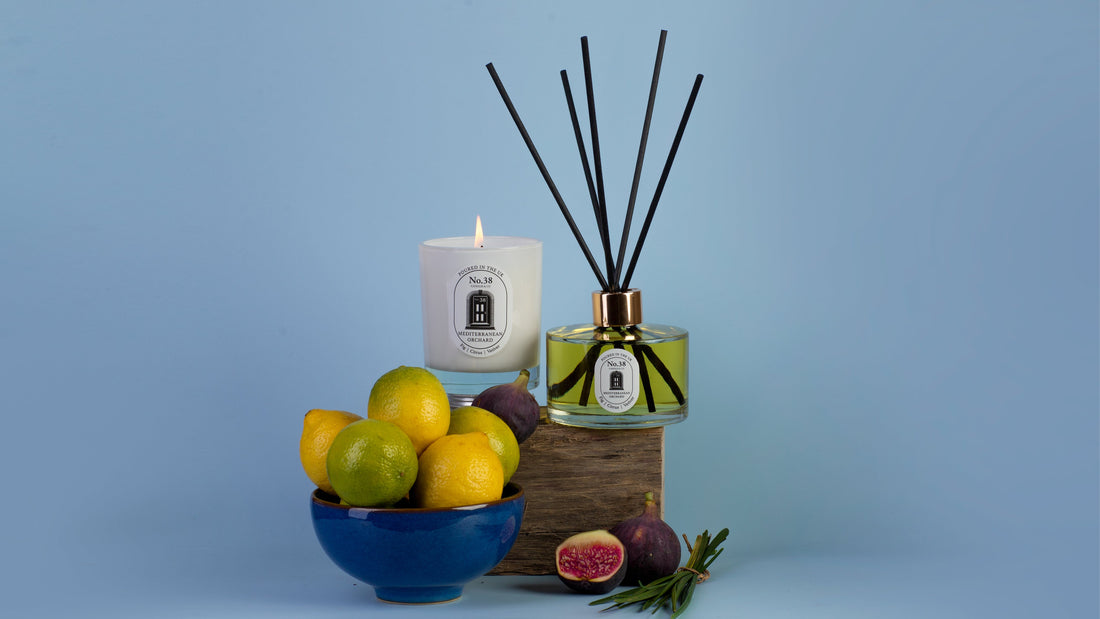 No.38 Mediterranean Orchard luxury citrus scented candle and diffuser in their elegant glass vessels