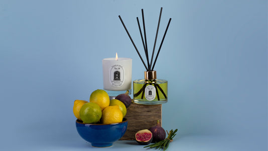 No.38 Mediterranean Orchard luxury citrus scented candle and diffuser in their elegant glass vessels
