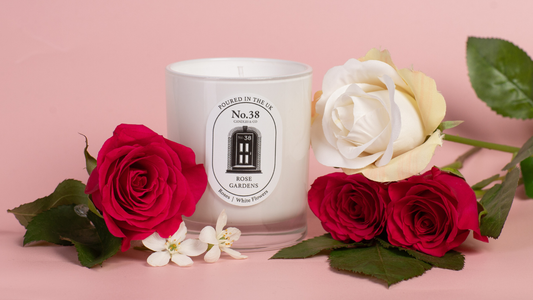 No.38 Rose Gardens luxury rose scented candle in elegant glass vessel