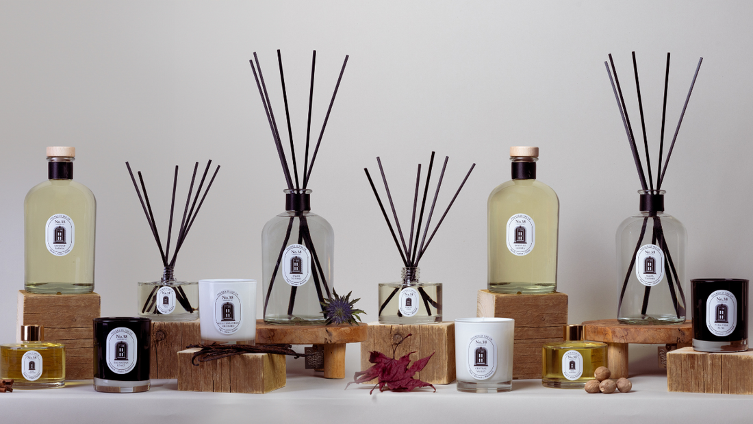 A collection of No.38’s luxury candles and diffusers in their elegant glass vessels