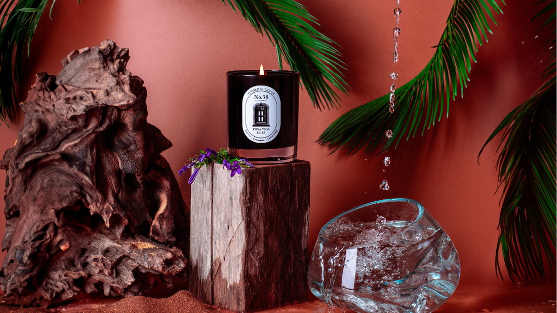 No.38 Pura Vida luxury marine and cedar wood scented candle in elegant glass vessel
