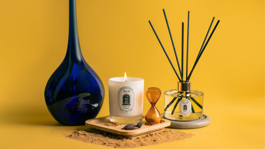 No.38 Sands of Sahara luxury cinnamon scented candle and diffuser in their elegant glass vessels
